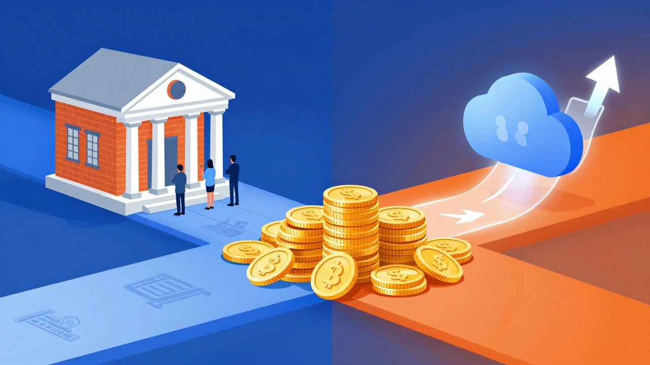 Illustration comparing traditional branch banks vs online savings