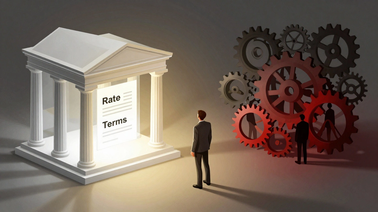 Illustration comparing transparent bank loans with complex dealer financing webs