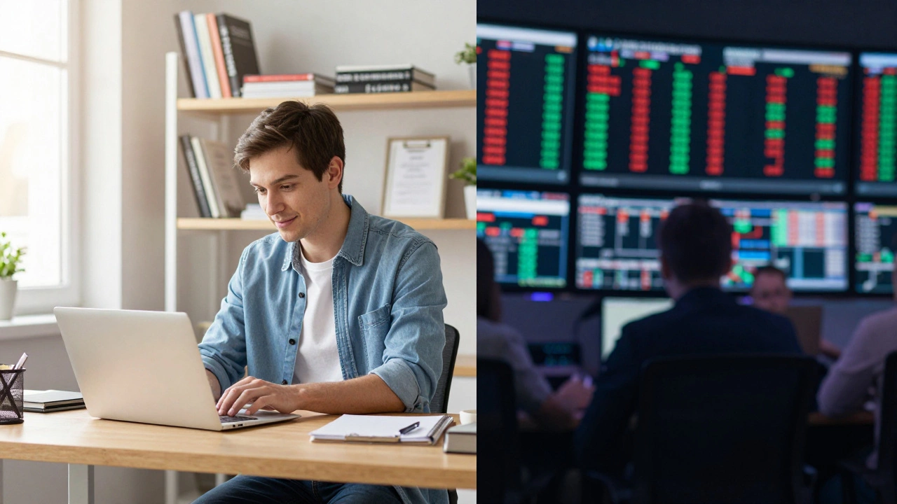 Person studying for certification vs chaotic stock market background