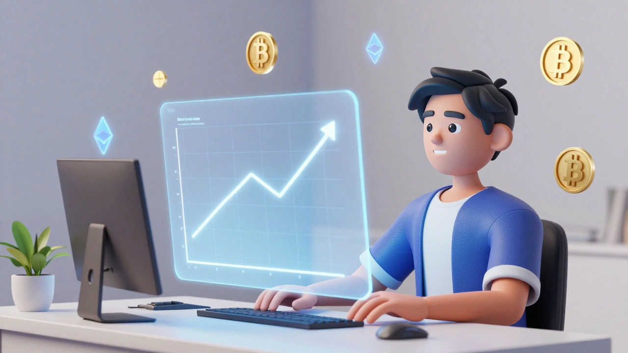 Person viewing holographic crypto growth chart with Bitcoin and Ethereum icons