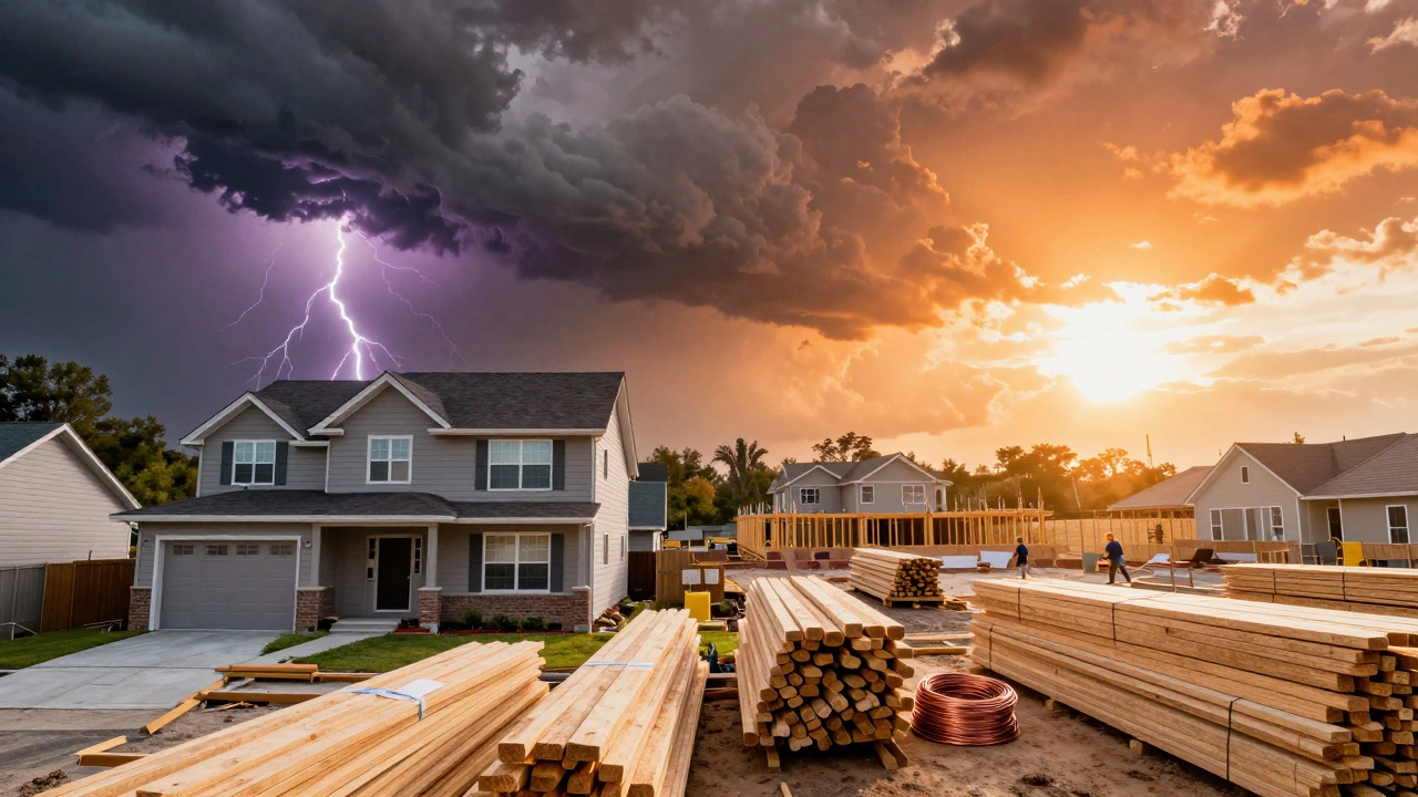 Storm damage and construction materials symbolizing rising costs