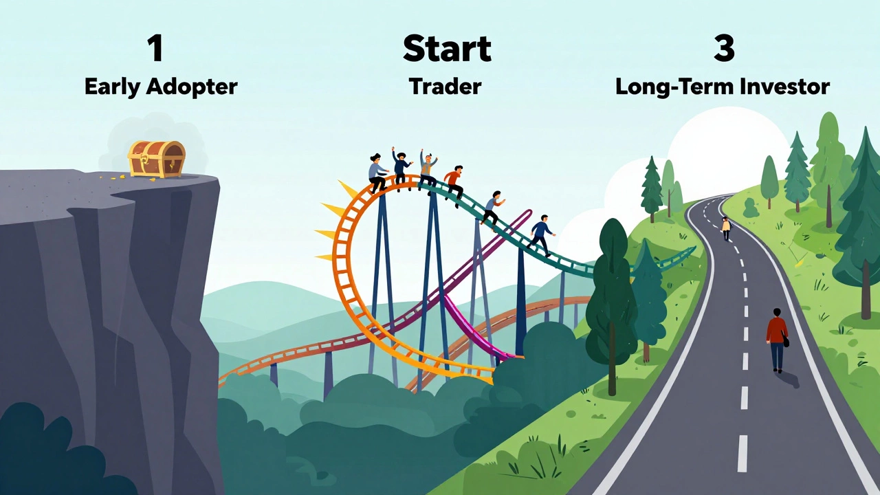 Three paths: steep cliff, chaotic rollercoaster, and steady road