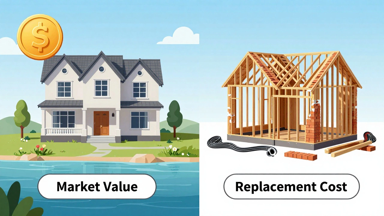 Visual metaphor showing house structure materials versus valuable land plot