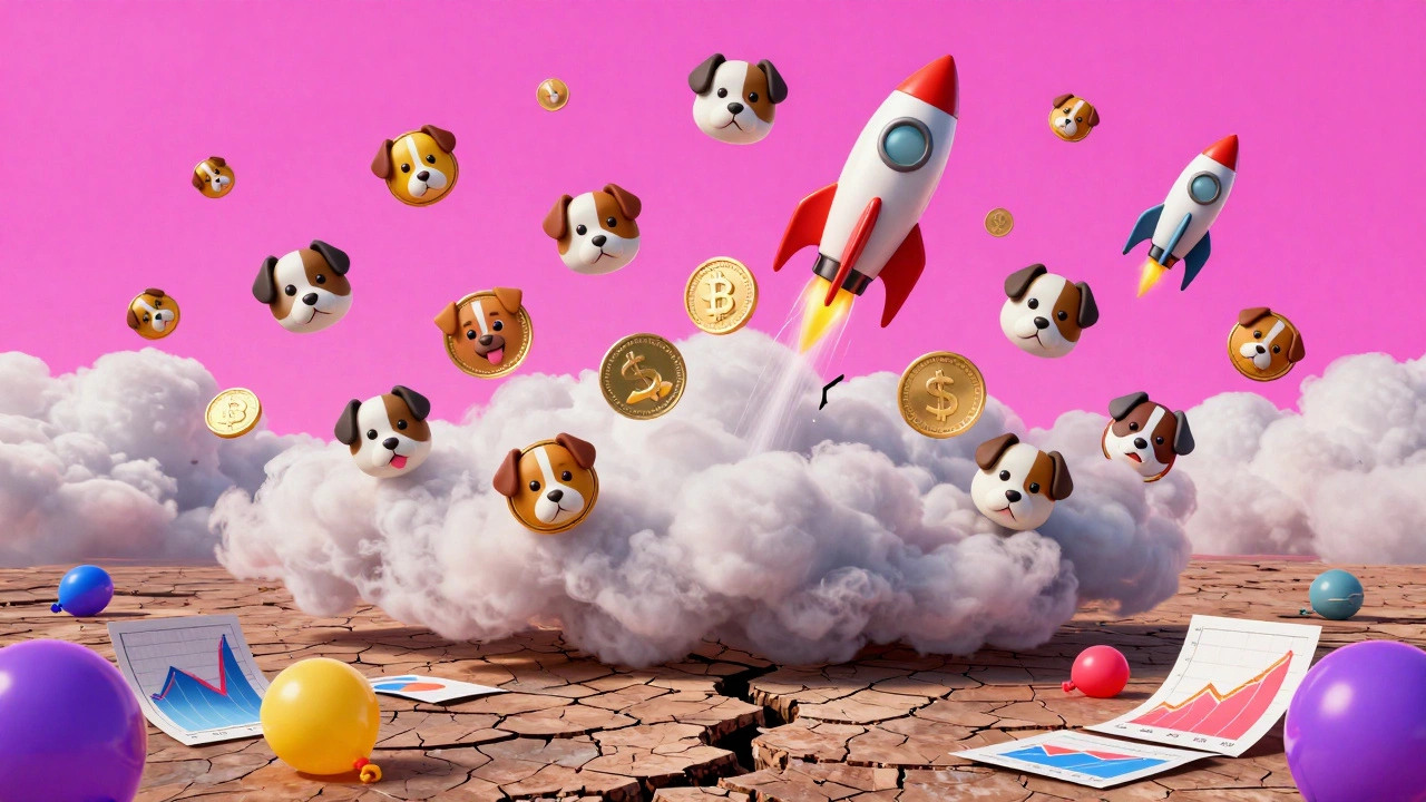 Floating dog emojis and rockets above a barren landscape showing meme coin crash