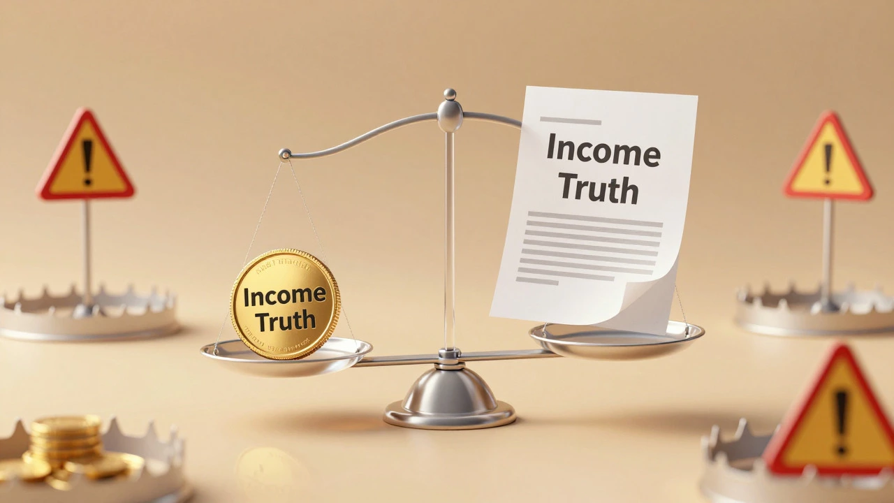 Glass scale balancing a gold coin and document symbolizing financial honesty