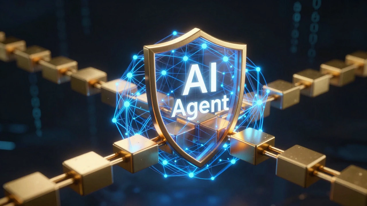 Glowing neural network protected by golden blockchain blocks in dark space
