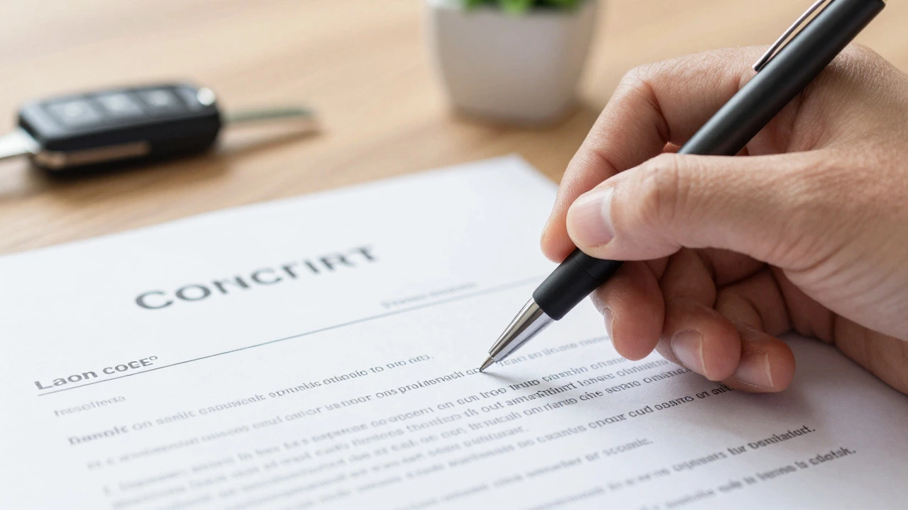 Hand holding pen over loan contract, considering terms carefully