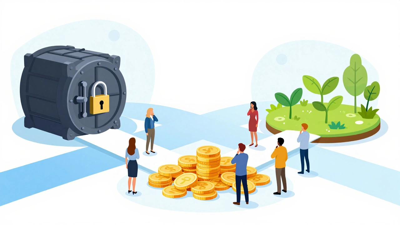 Illustration of choosing between locked vault and open savings garden