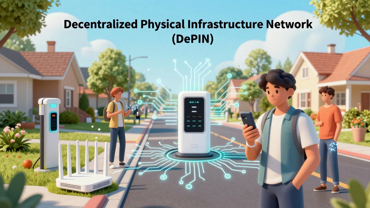 Neighborhood devices like EV chargers connected by glowing digital networks