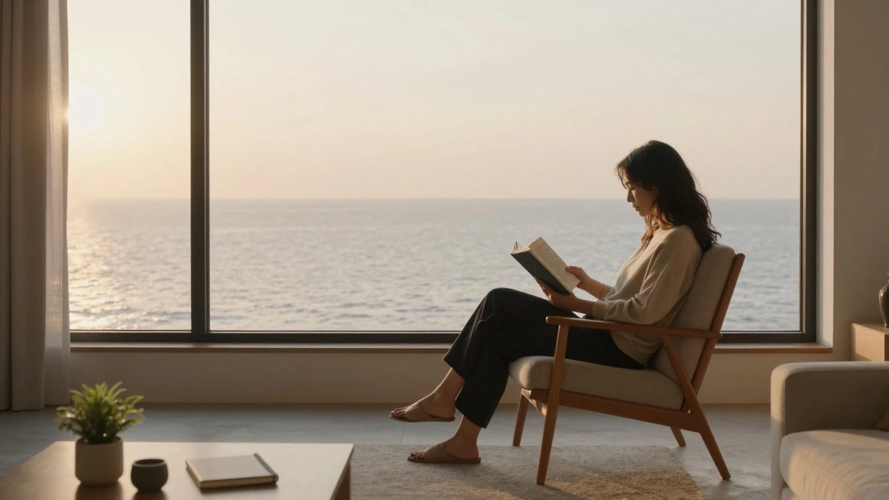 Peaceful scene of a person enjoying early retirement lifestyle in a sunlit minimalist home.