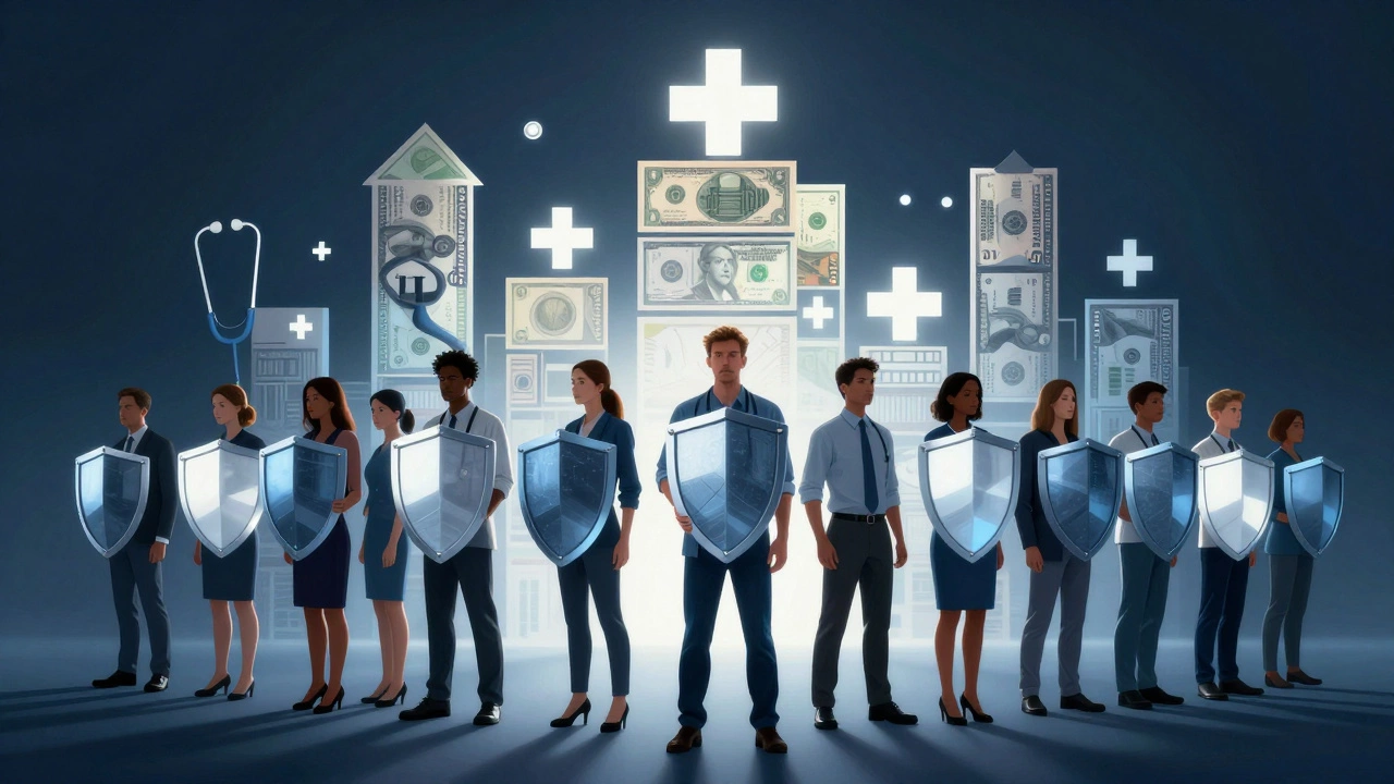 People holding shields against a backdrop of medical bills, illustrating health insurance protection.