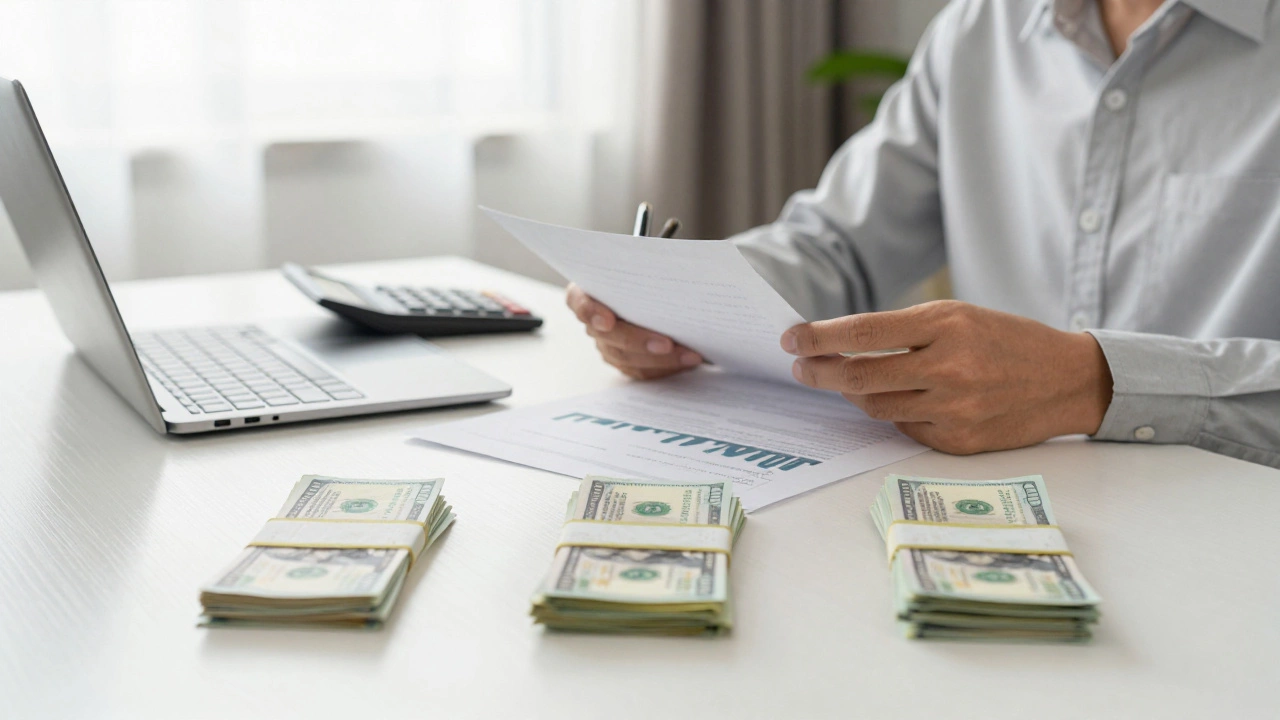 Person calculating finances with large down payment cash on desk