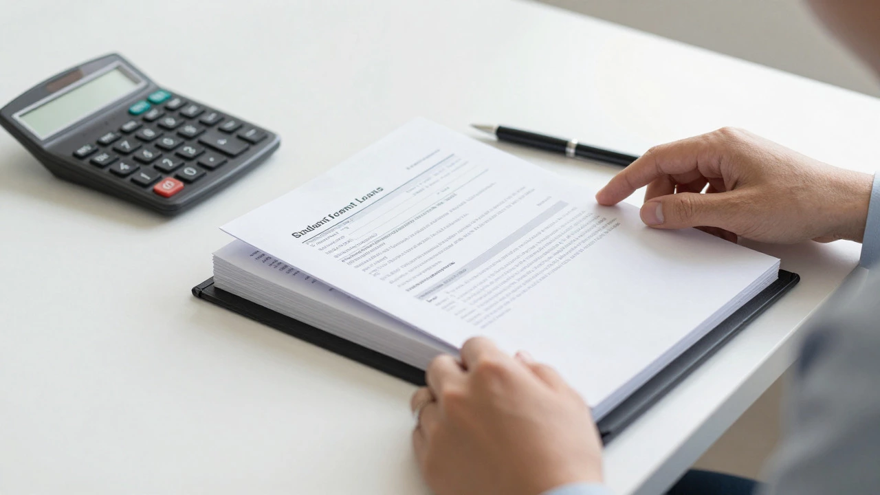 Person organizing loan documents and forms on a desk for careful management