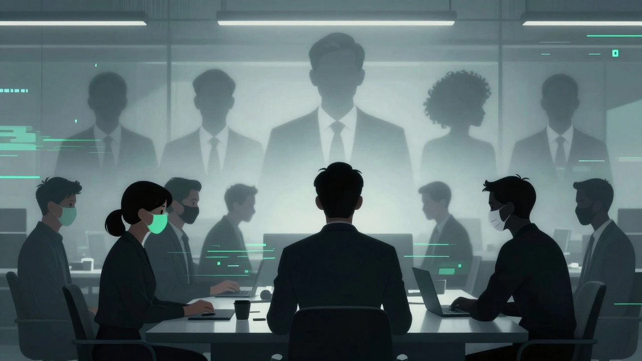 Silhouettes with masks representing anonymous crypto team members in an office