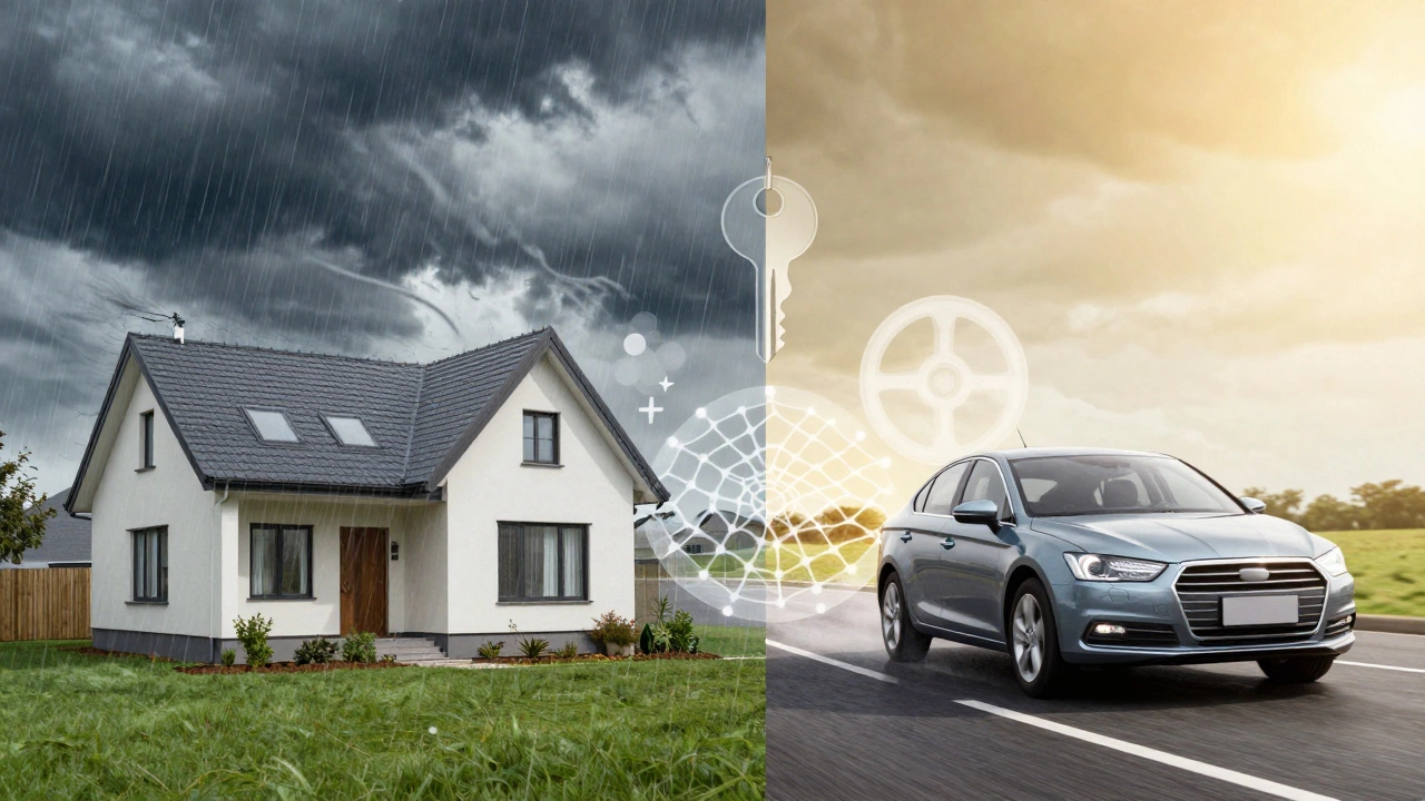 Split view of a house in a storm and a safe car, representing home and auto insurance coverage.