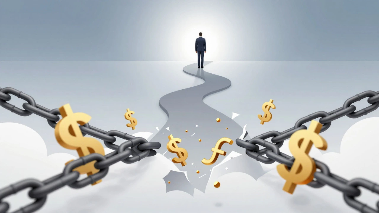 Symbolic image of breaking debt chains and walking toward financial freedom