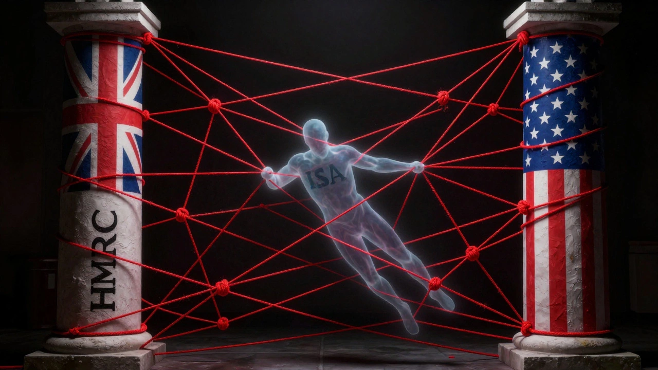 Tangled red strings connecting UK and US tax authorities around ISA