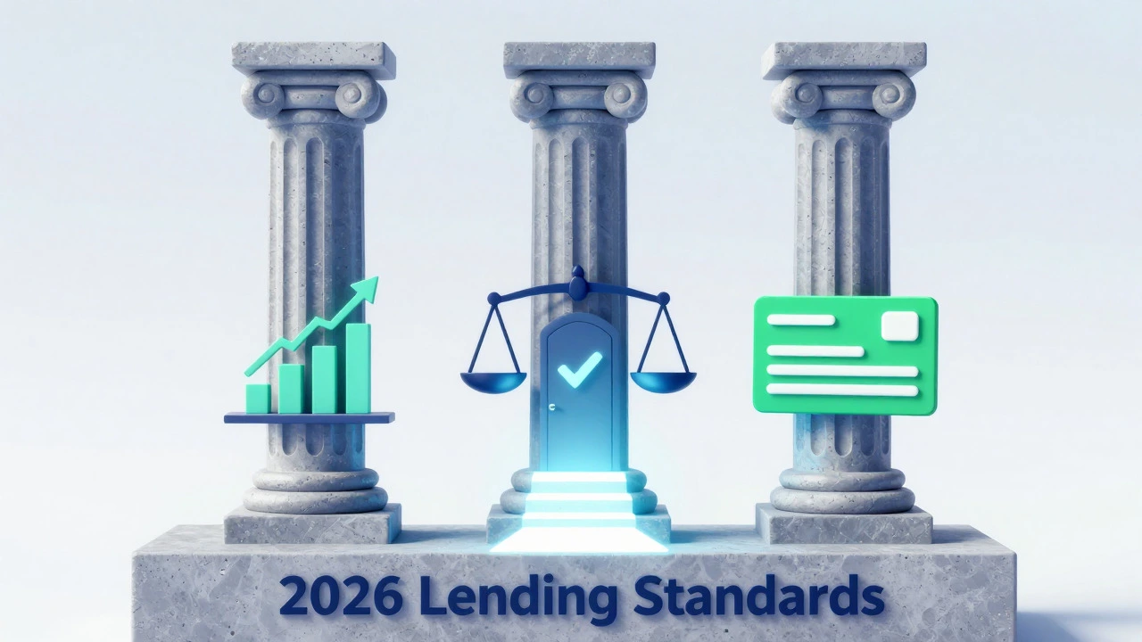 Three pillars representing credit score, DTI, and income stability