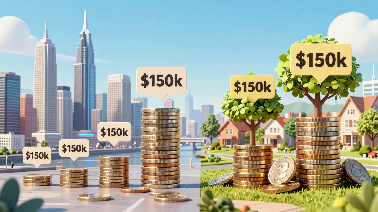 Visual metaphor comparing purchasing power of same salary in expensive vs affordable cities.