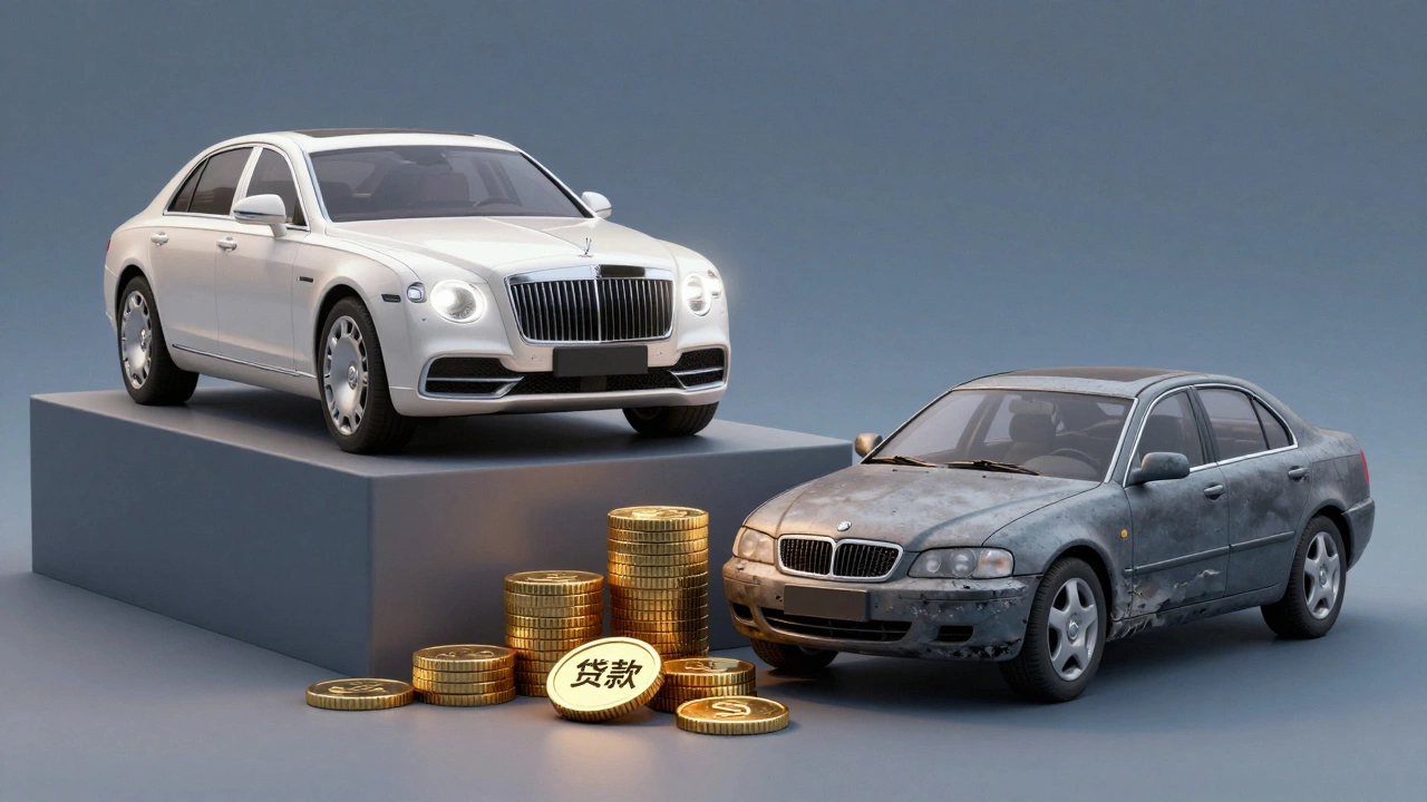 Visual metaphor of car depreciation vs rising loan debt balance