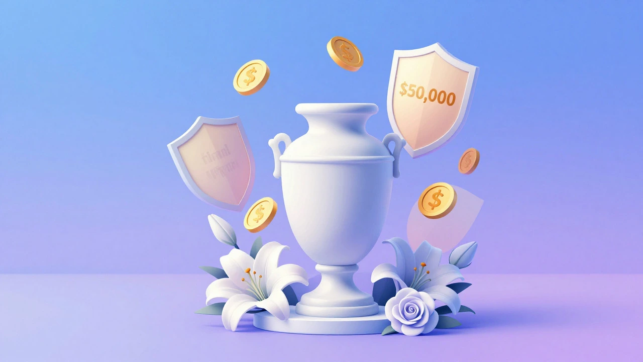 Abstract illustration of a flower-filled urn surrounded by golden protective shields