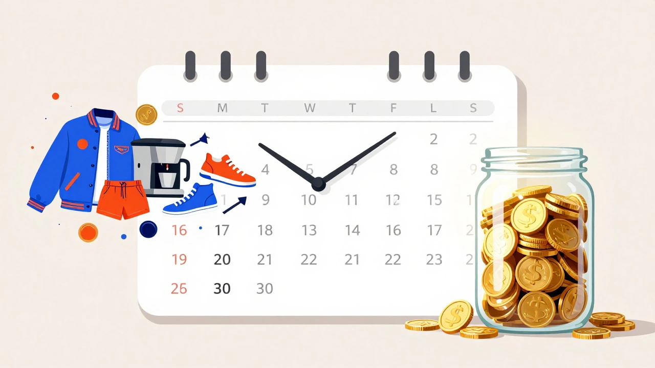 Calendar showing 30 days with fading items and growing savings jar