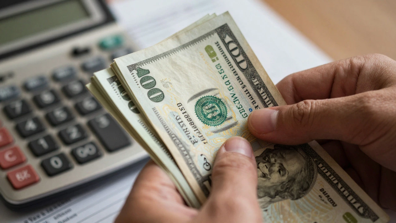 Close-up of hands holding cash against a blurred financial document background