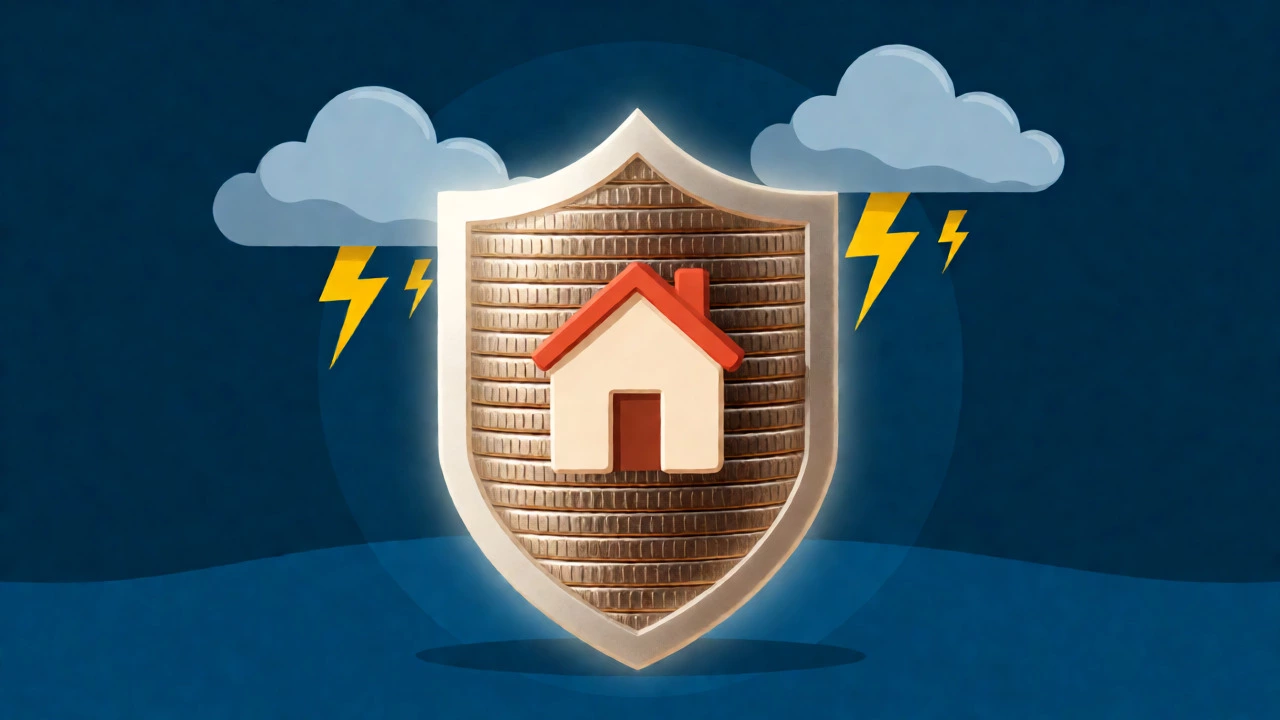 Coin shield protecting a house from storm clouds
