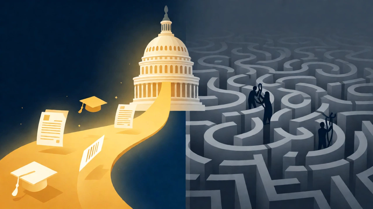 Conceptual illustration contrasting clear federal loan forgiveness paths with tangled private debt scams.