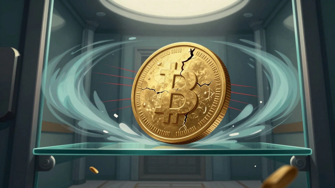 Cracking gold coin on a glass shelf surrounded by swirling winds symbolizing rate volatility