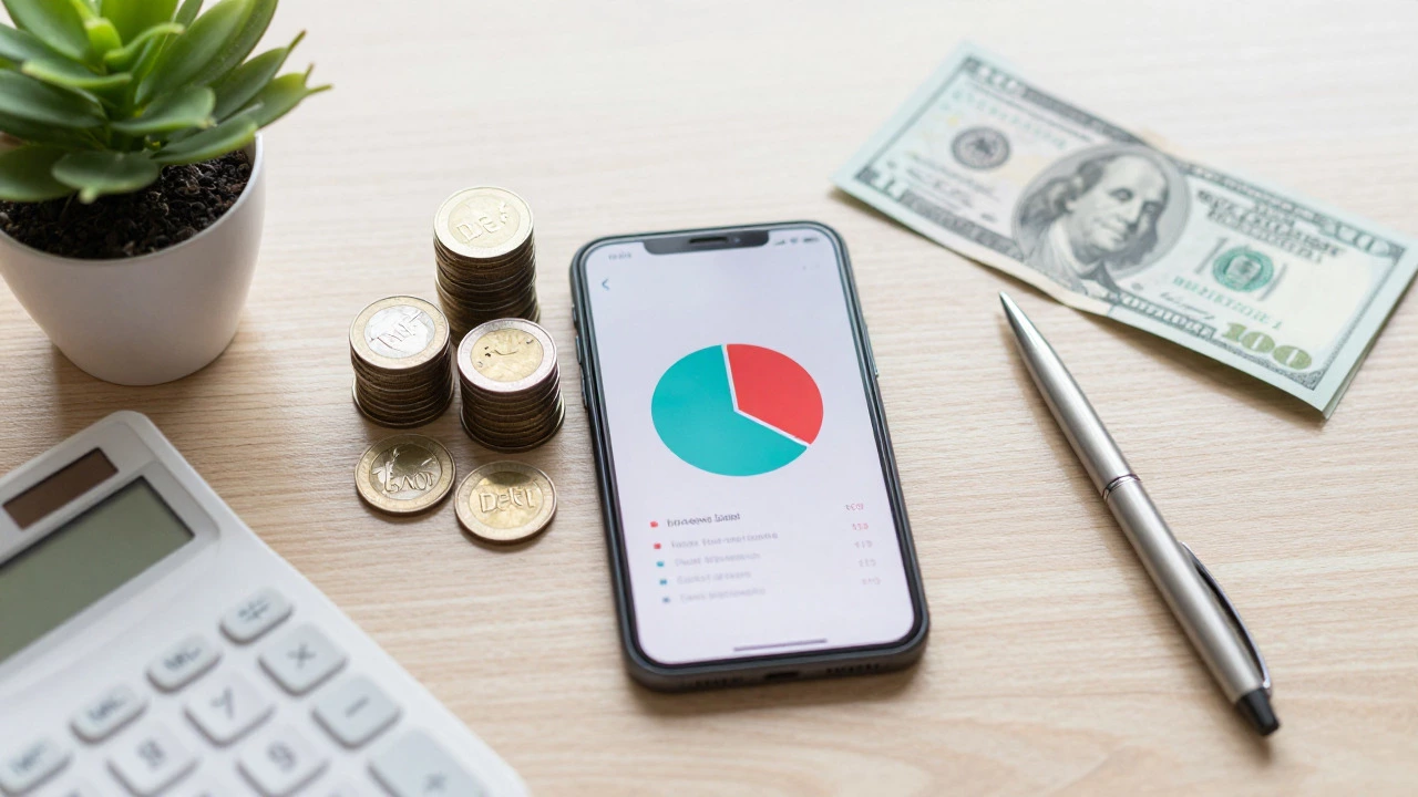 Desk setup with coins, calculator, and phone showing budget chart