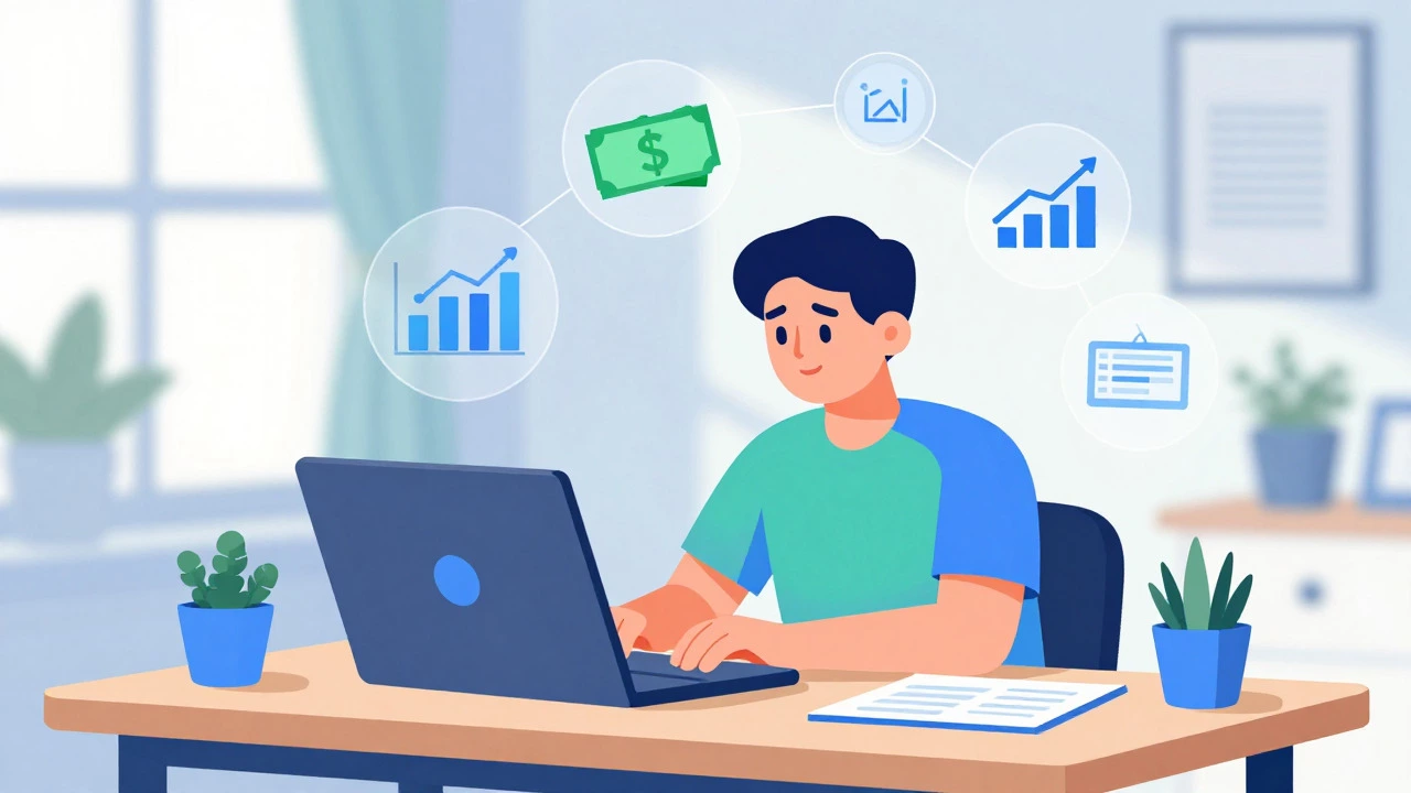 Freelancer using laptop with floating data icons for fintech loans
