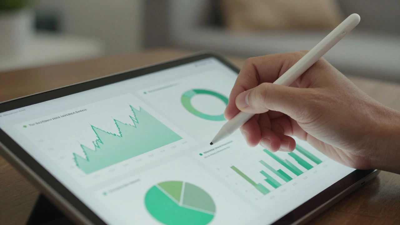 Hand using a tablet to analyze abstract financial loan data