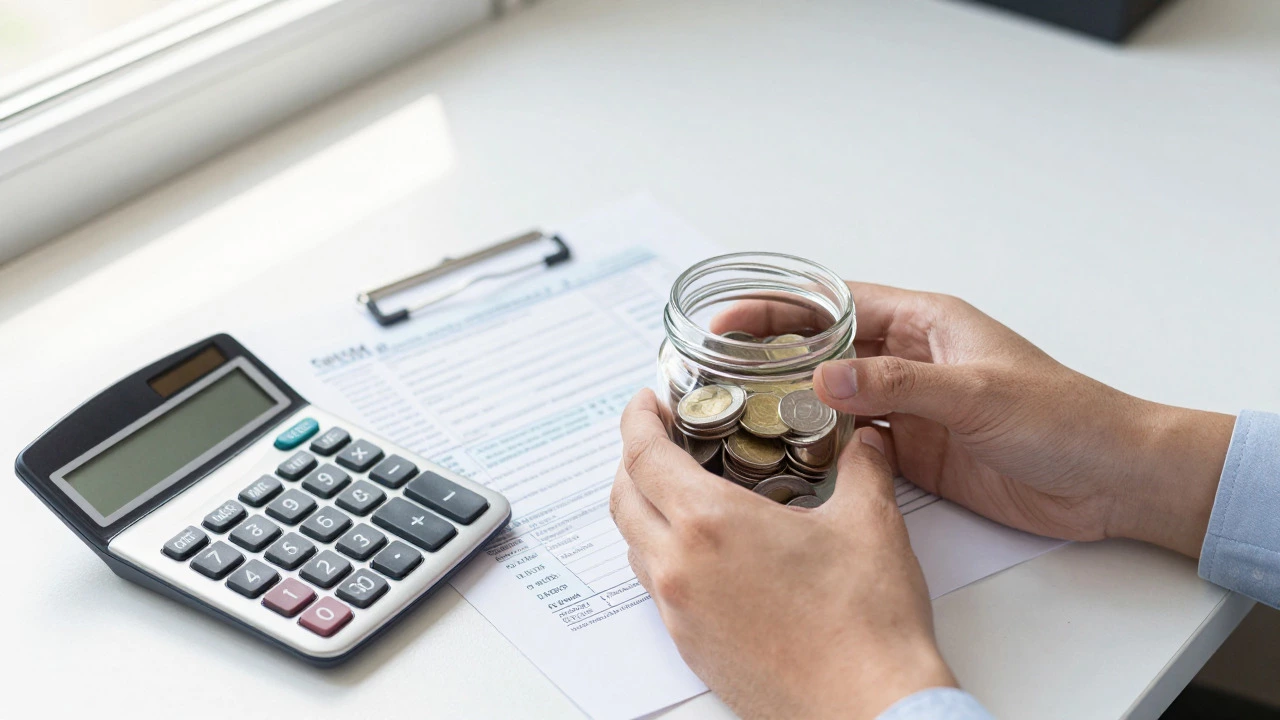 Hands holding a jar of coins next to a calculator and tax documents on a desk