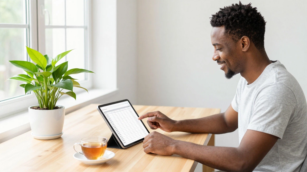 Happy person reviewing budget on tablet in sunny home office