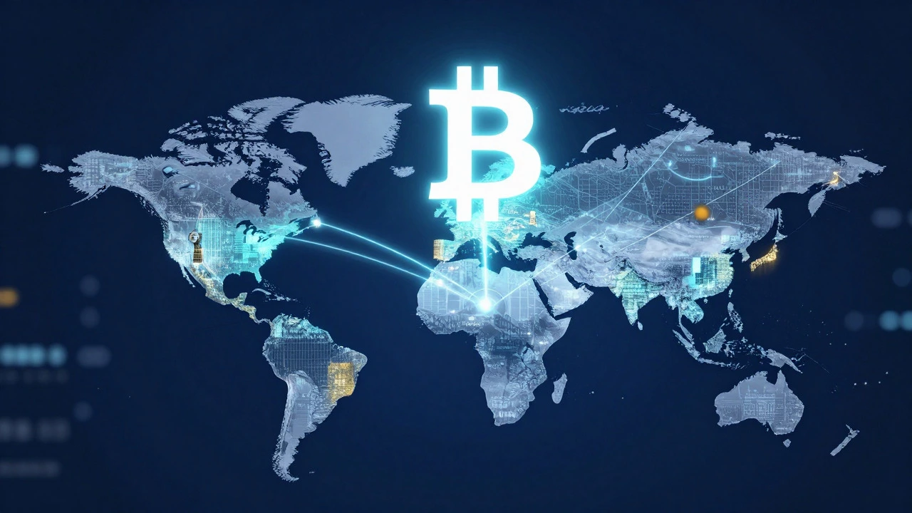 Holographic Bitcoin symbol over a connected global map