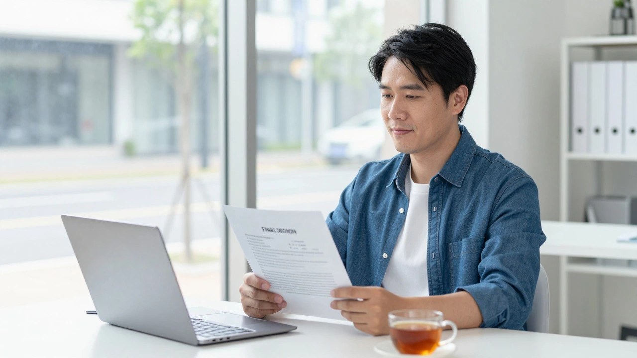 Homeowner looking relieved while reviewing a final insurance document