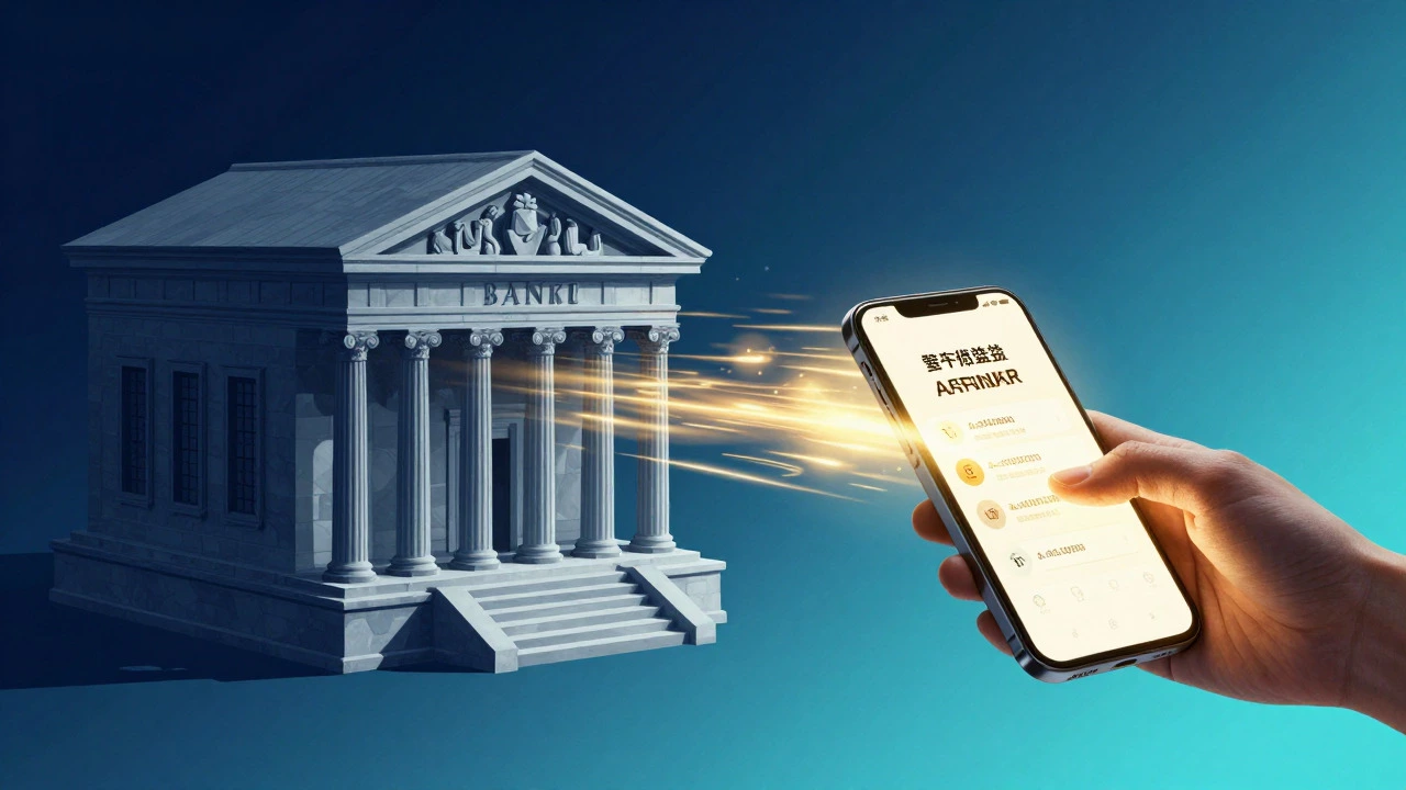 Illustration contrasting slow traditional banks with fast digital lending
