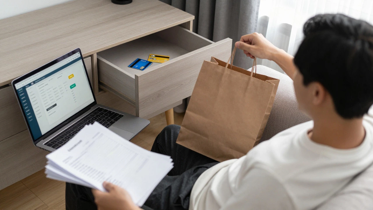 Person relaxing on a sofa with shopping bags near a drawer of credit cards