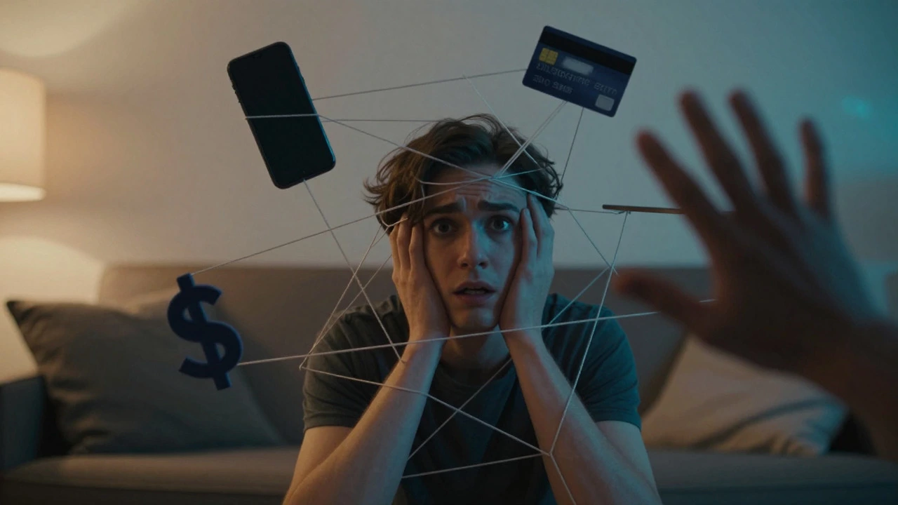 Person trapped in web of strings connected to phone and card