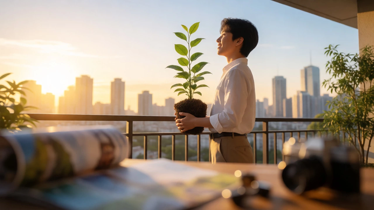 Professional holding a plant on a balcony at sunrise