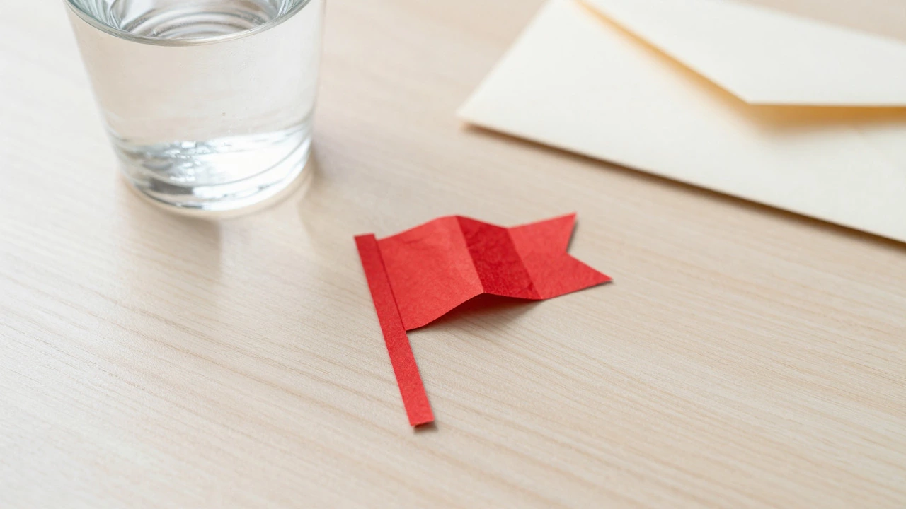 Red paper flag on desk next to envelope and glass