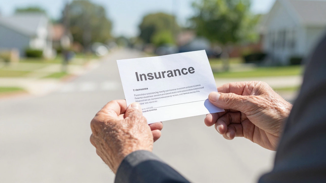 Senior man's hands holding a folded insurance policy with a suburban background