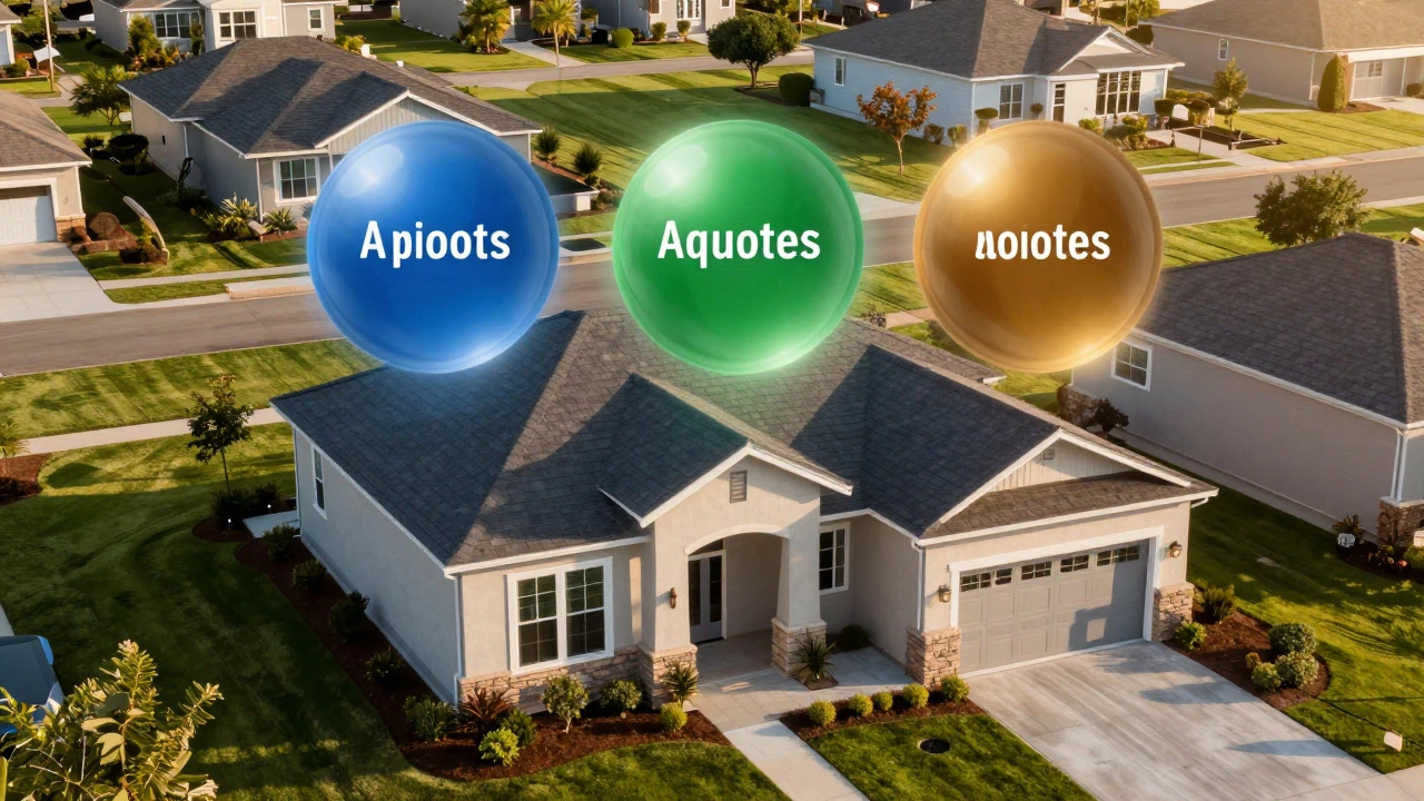 Suburban home with three colorful spheres hovering above the roof