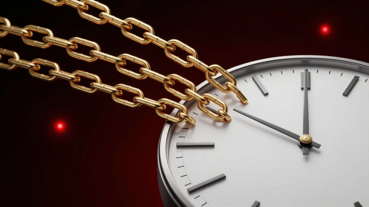 Surreal art of a golden chain transforming into a spinning clock face