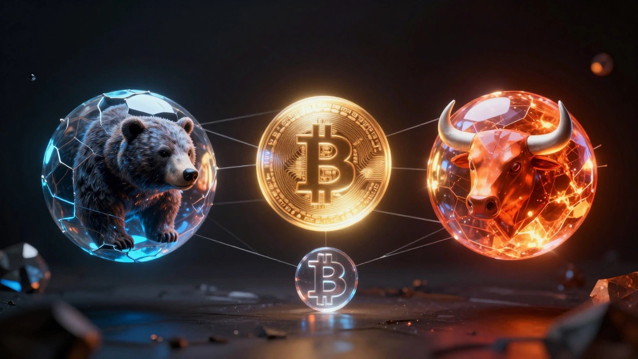 Three glowing spheres representing bear, base, and bull market scenarios