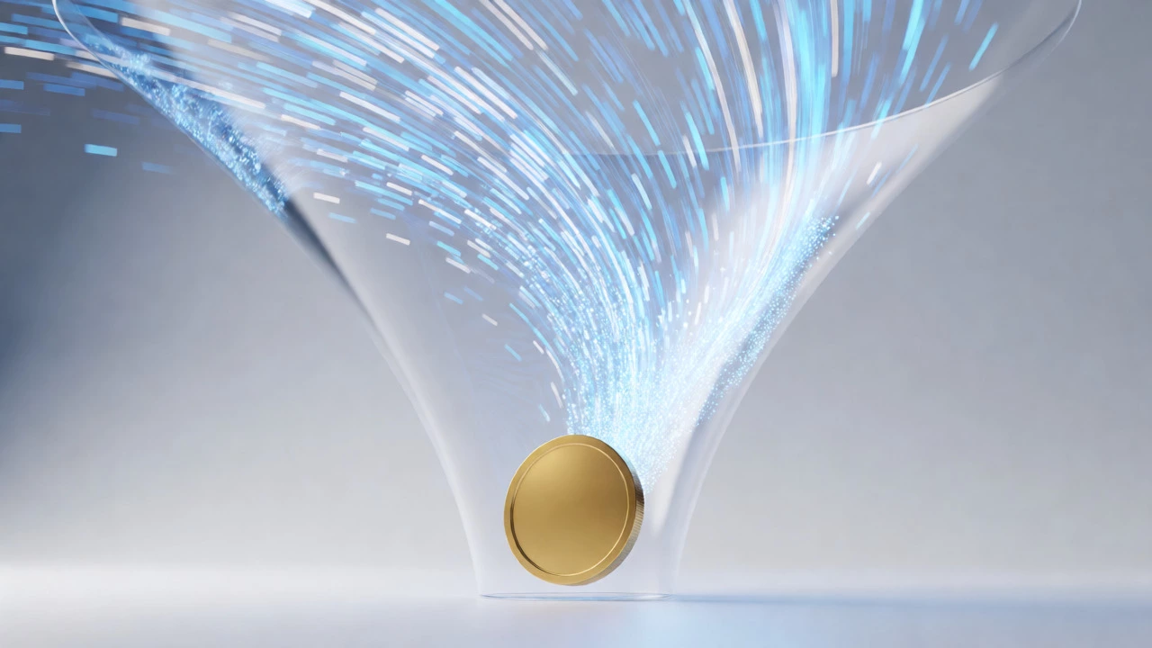Abstract 3D render of data flowing into a gold coin