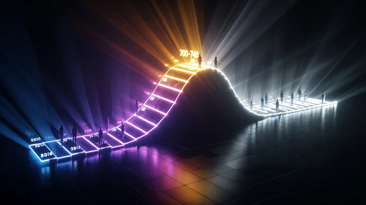 Abstract 3D visualization of a credit score distribution curve peaking at 700.