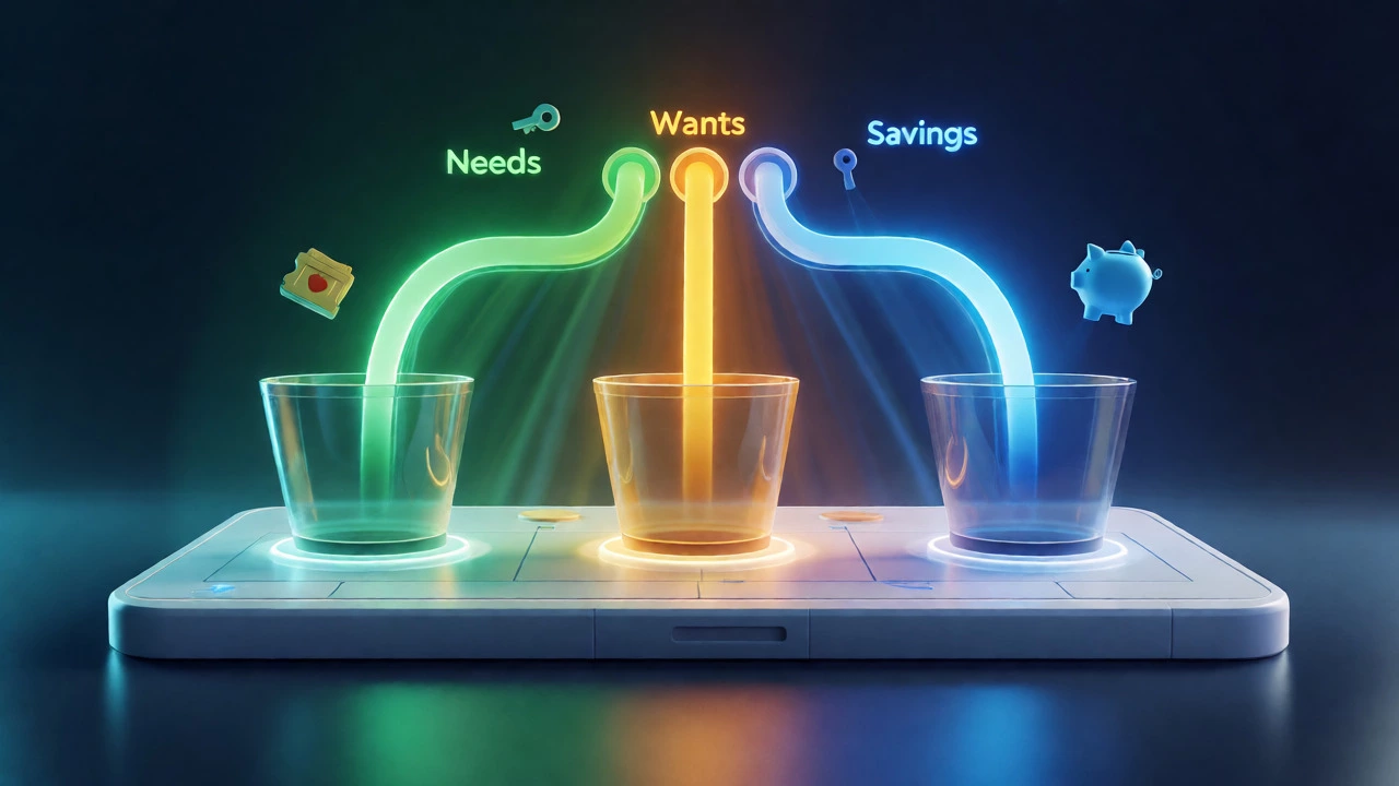 Abstract visualization of income split into needs, wants, savings
