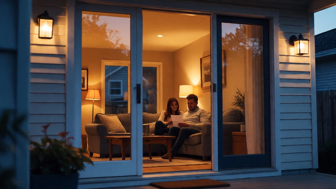 Couple relaxing in a warmly lit home, symbolizing financial stability and approval.